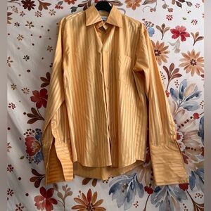 Vintage Bruno Conte Mens 15.5 34/35 Orange Striped Sleek Button Dress Shirt